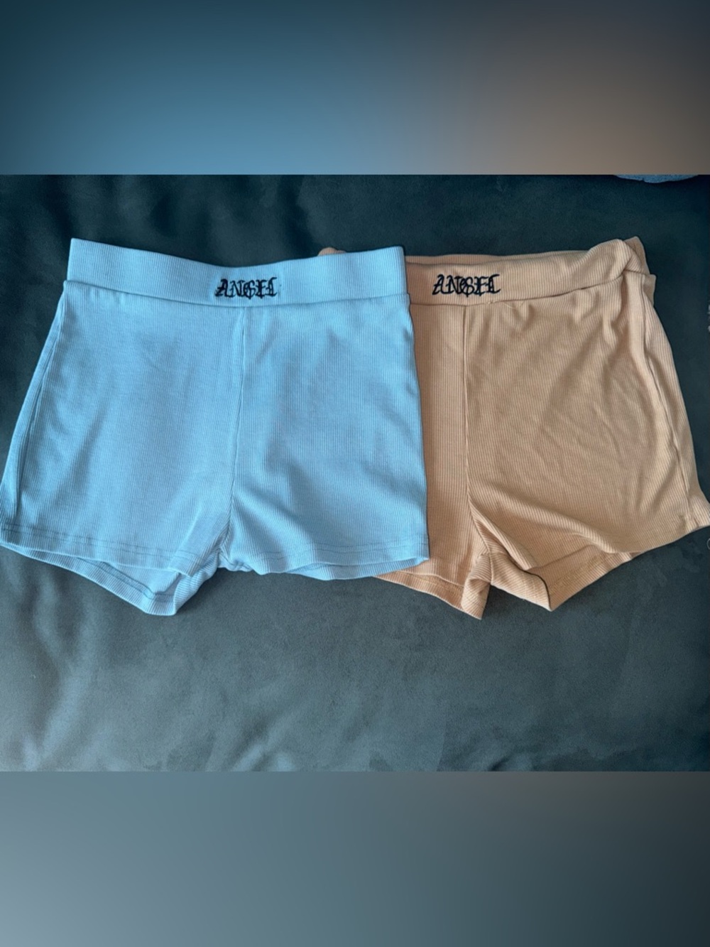 SHEIN Ribbed High-Rise shorts in Light Blue and Beige